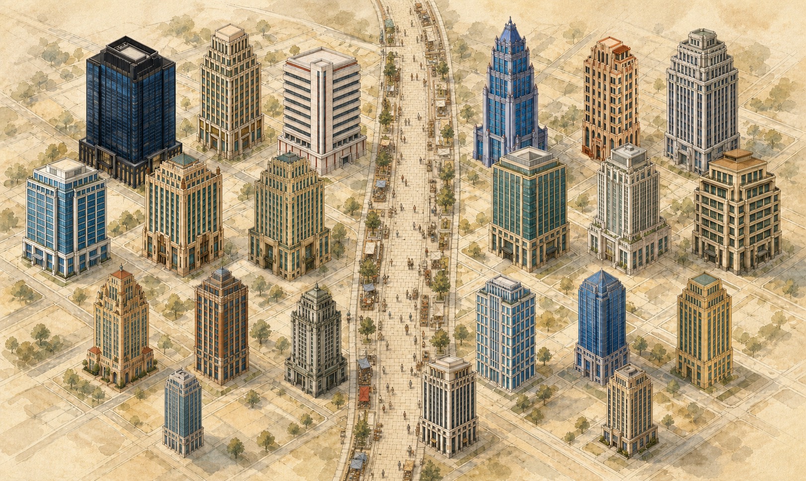 An oblique drawing of a city of office towers along a market street.