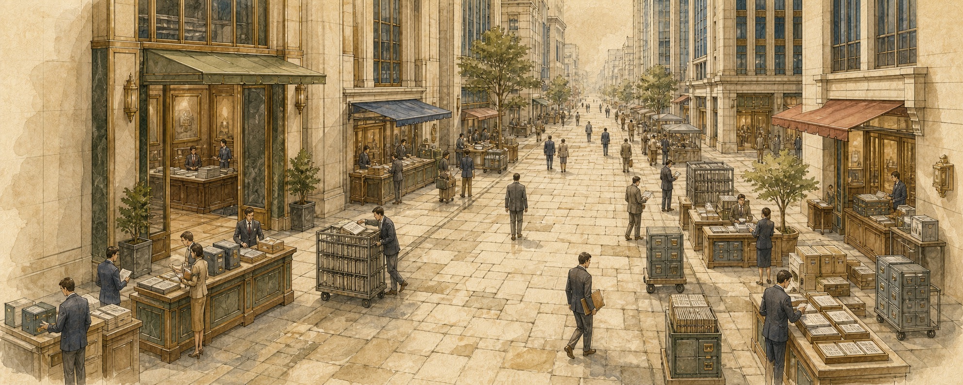 An oblique drawing of a street of registry counters, where clerks file papers into cabinets and hand carts.